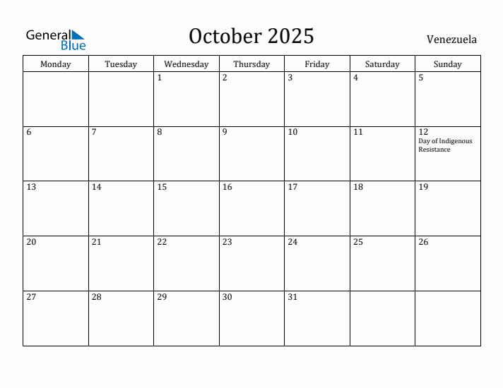 October 2025 Calendar Venezuela