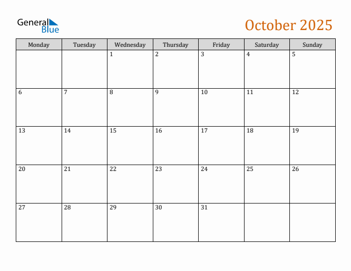 Editable October 2025 Calendar