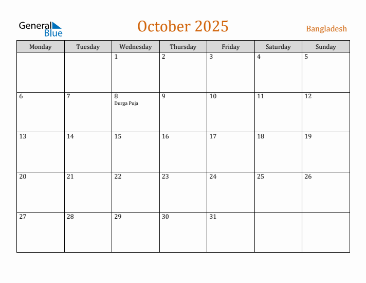 October 2025 Holiday Calendar with Monday Start