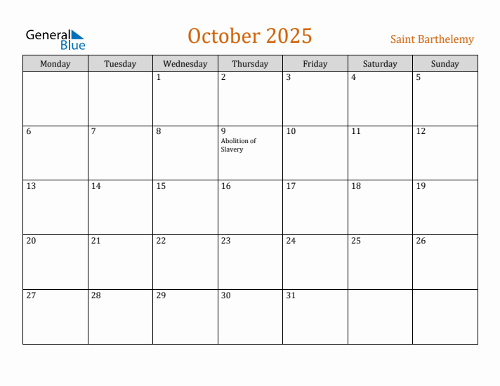 October 2025 Holiday Calendar with Monday Start