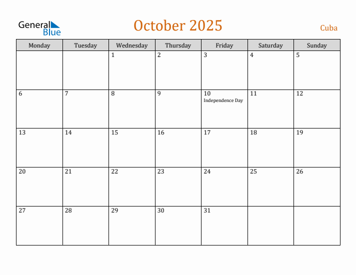 October 2025 Holiday Calendar with Monday Start