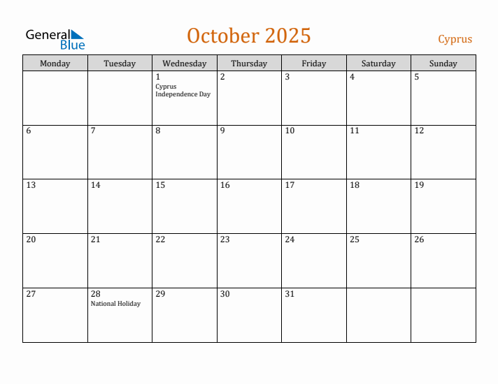 October 2025 Holiday Calendar with Monday Start