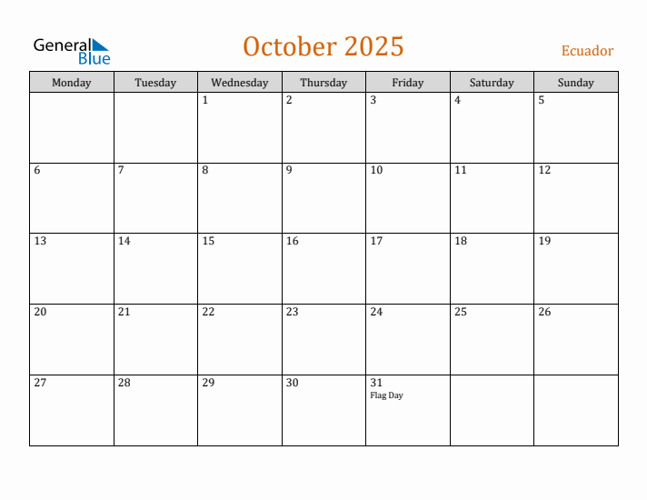 October 2025 Holiday Calendar with Monday Start