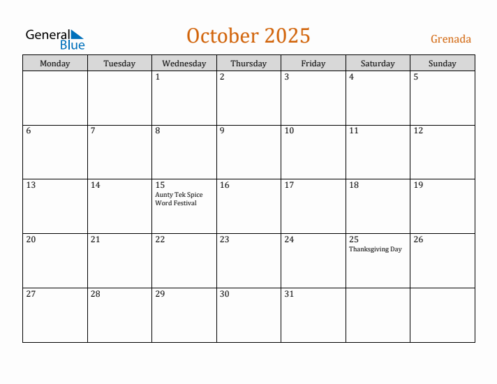 October 2025 Holiday Calendar with Monday Start