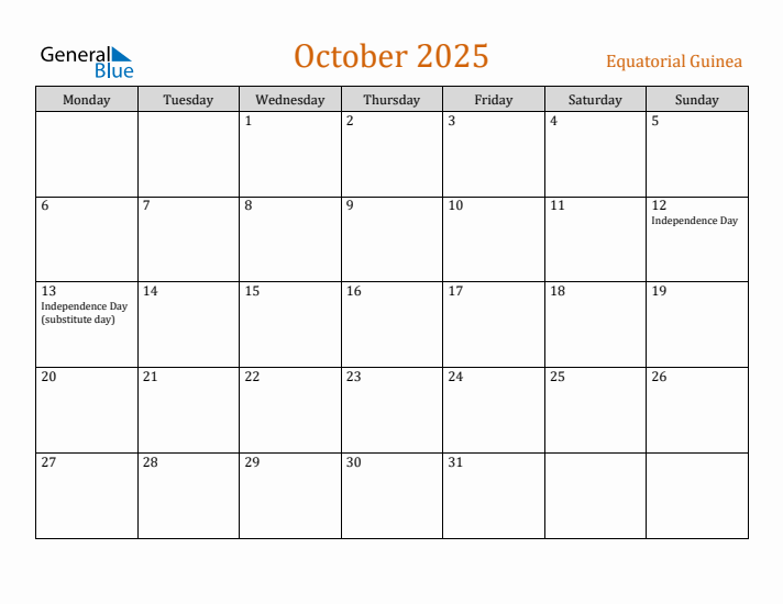 October 2025 Holiday Calendar with Monday Start