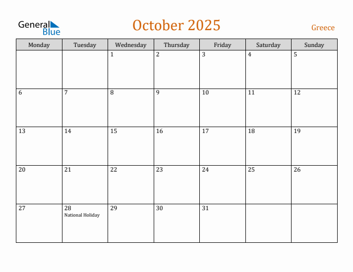 October 2025 Holiday Calendar with Monday Start