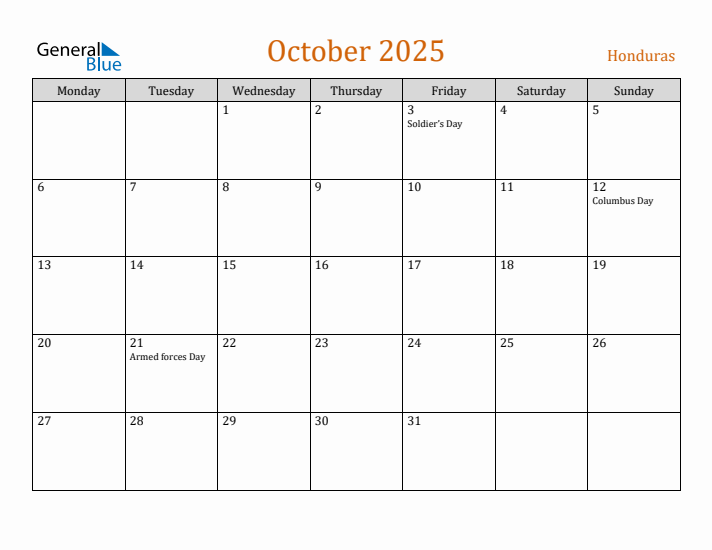 October 2025 Holiday Calendar with Monday Start