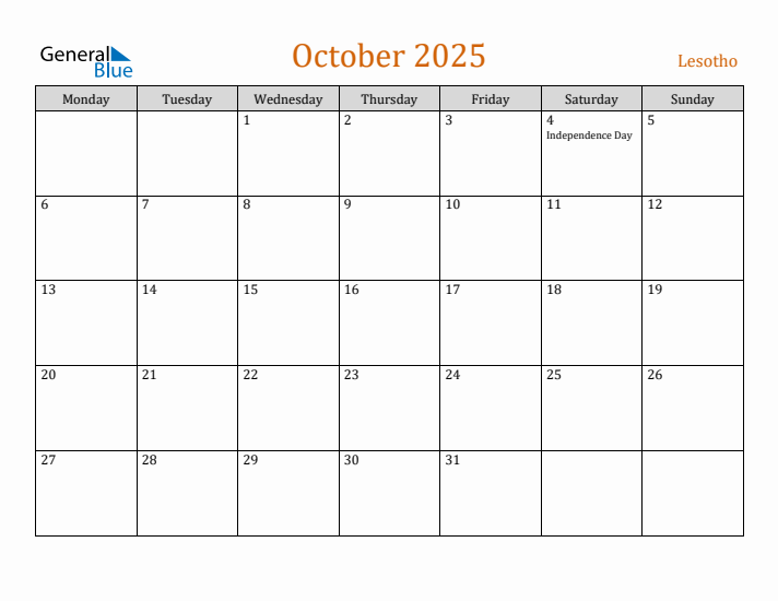 October 2025 Holiday Calendar with Monday Start