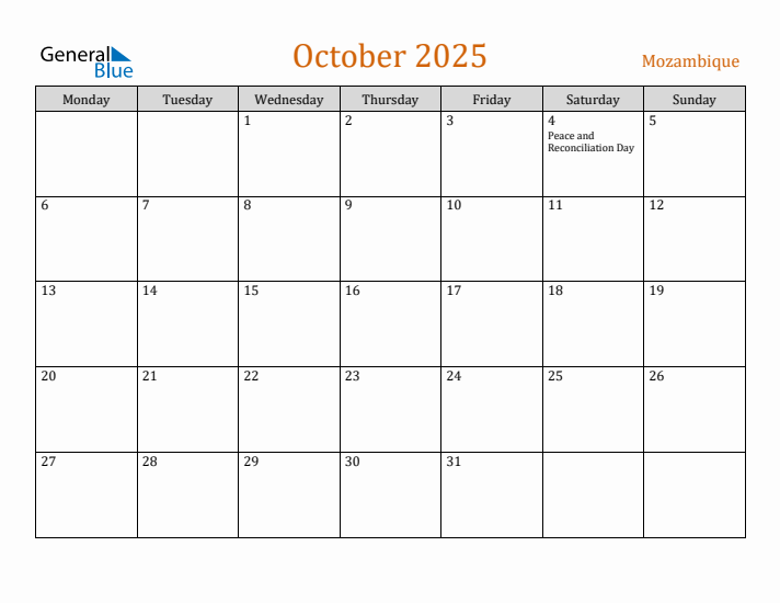 October 2025 Holiday Calendar with Monday Start