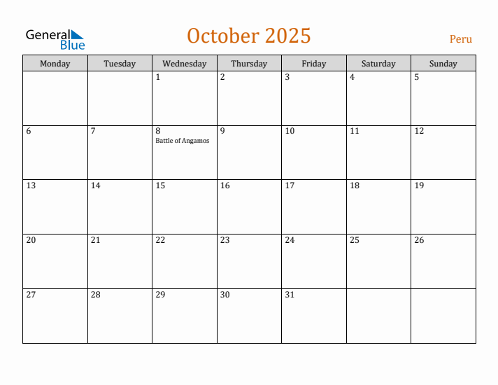 October 2025 Holiday Calendar with Monday Start