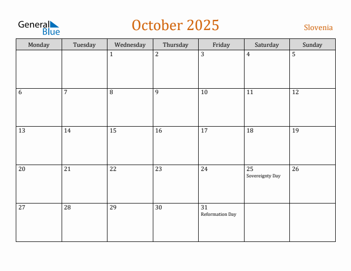 October 2025 Holiday Calendar with Monday Start