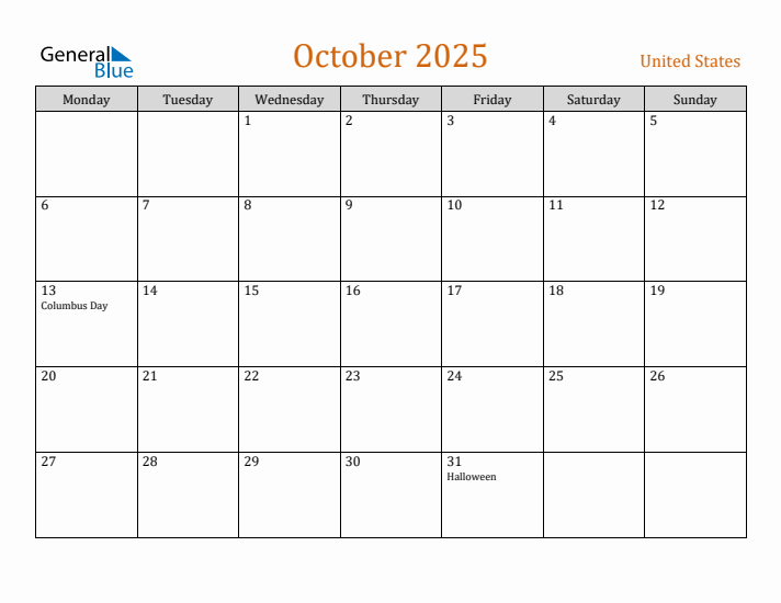 October 2025 Holiday Calendar with Monday Start