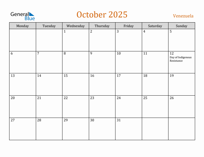 October 2025 Holiday Calendar with Monday Start