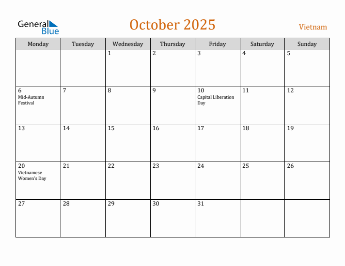 October 2025 Holiday Calendar with Monday Start