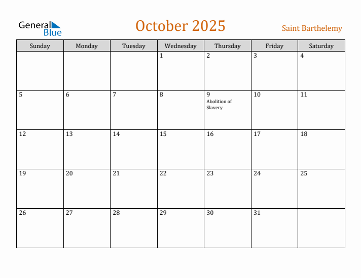 October 2025 Holiday Calendar with Sunday Start