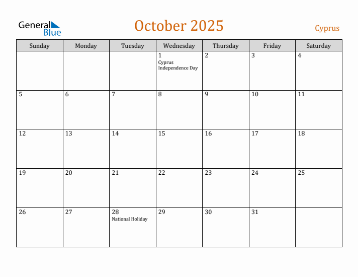 October 2025 Holiday Calendar with Sunday Start