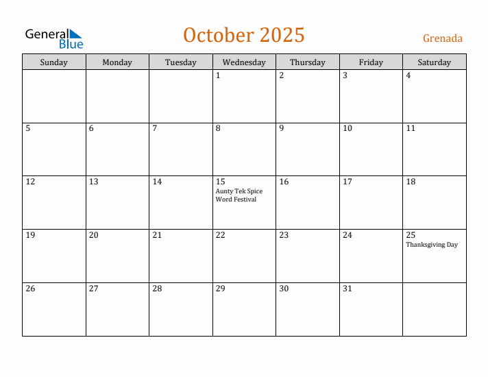 October 2025 Holiday Calendar with Sunday Start