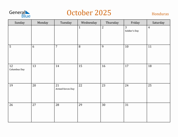 October 2025 Holiday Calendar with Sunday Start