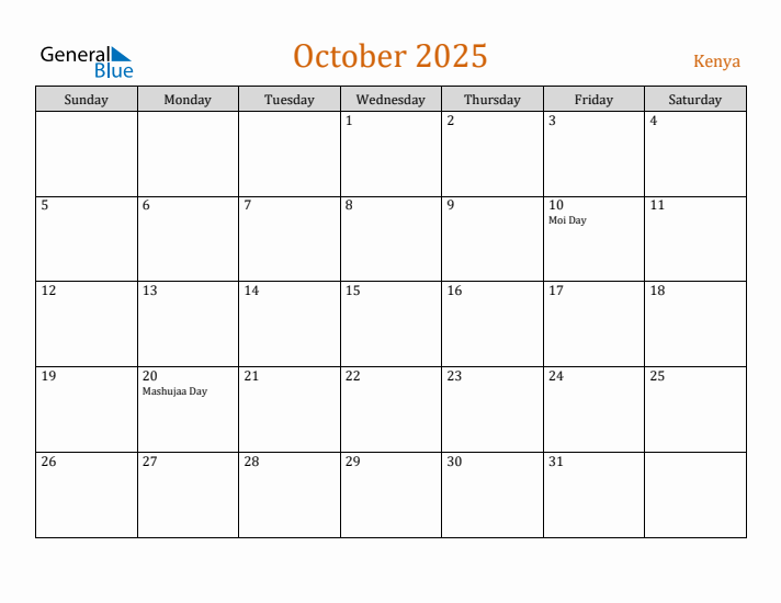 October 2025 Holiday Calendar with Sunday Start