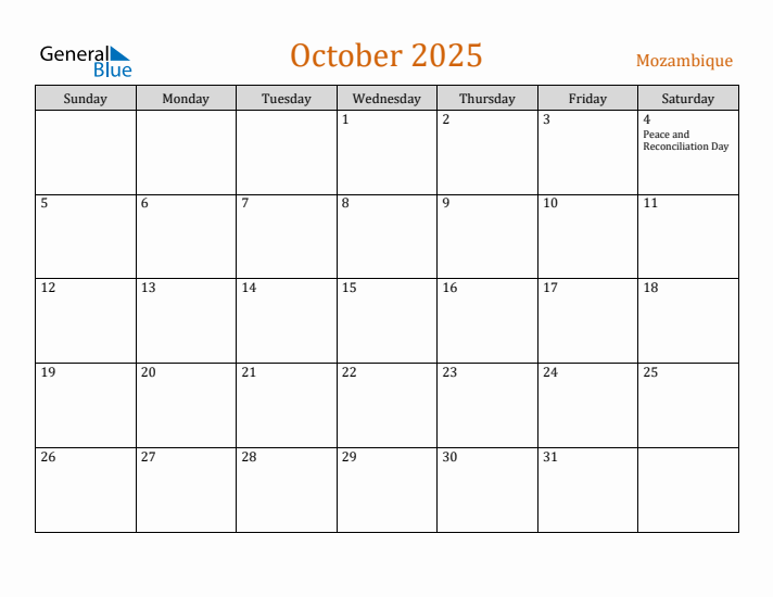 October 2025 Holiday Calendar with Sunday Start