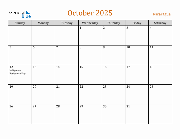 October 2025 Holiday Calendar with Sunday Start