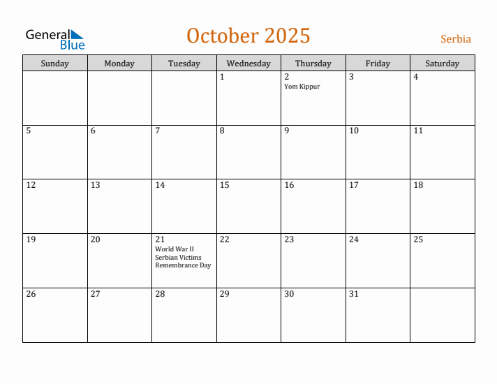 October 2025 Holiday Calendar with Sunday Start