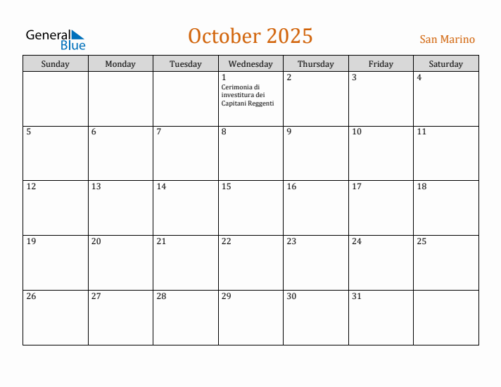 October 2025 Holiday Calendar with Sunday Start