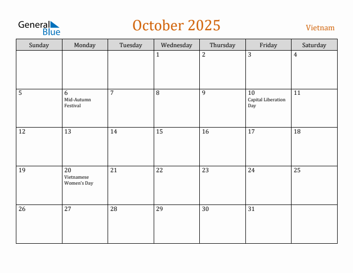 October 2025 Holiday Calendar with Sunday Start