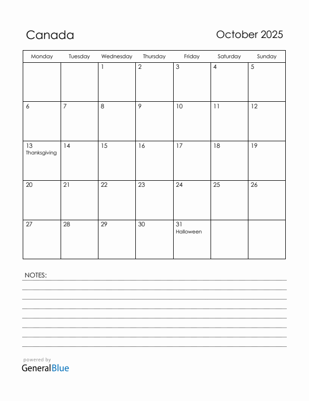 October 2025 Canada Calendar with Holidays (Monday Start)