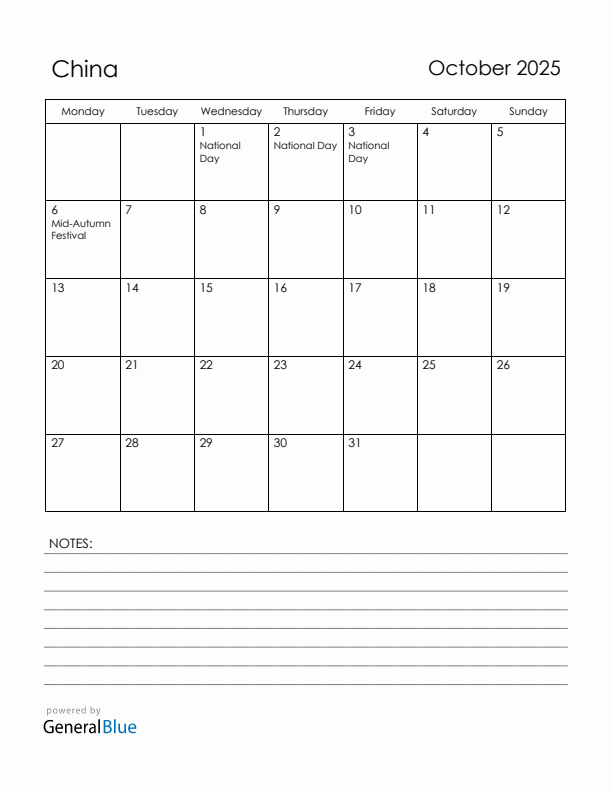 October 2025 China Calendar with Holidays (Monday Start)