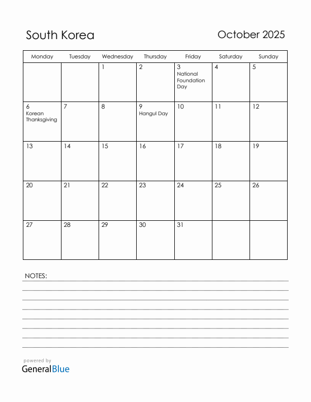October 2025 South Korea Calendar with Holidays (Monday Start)