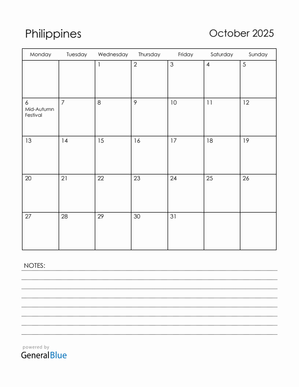 October 2025 Philippines Calendar with Holidays (Monday Start)