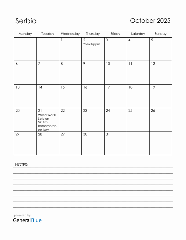 October 2025 Serbia Calendar with Holidays (Monday Start)