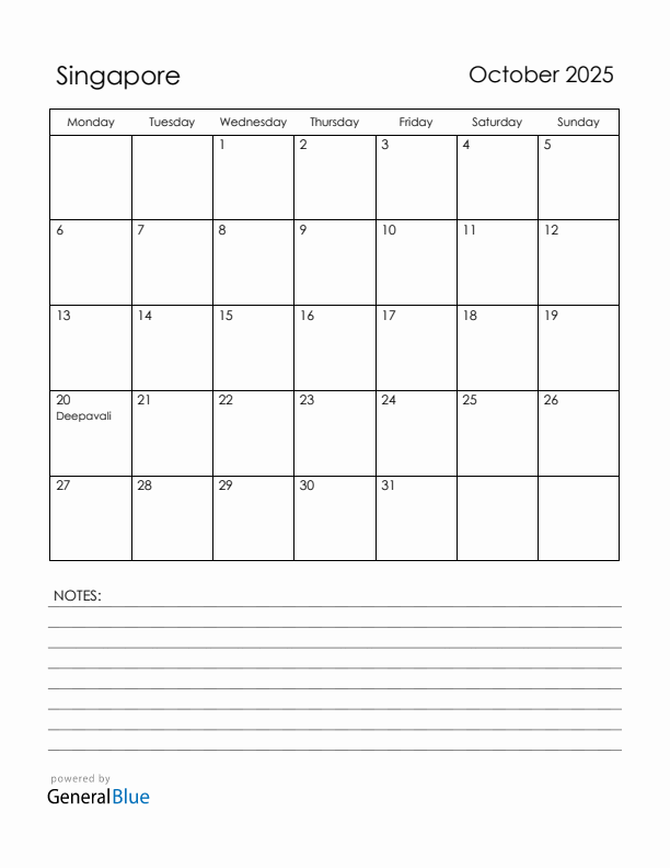 October 2025 Singapore Calendar with Holidays (Monday Start)