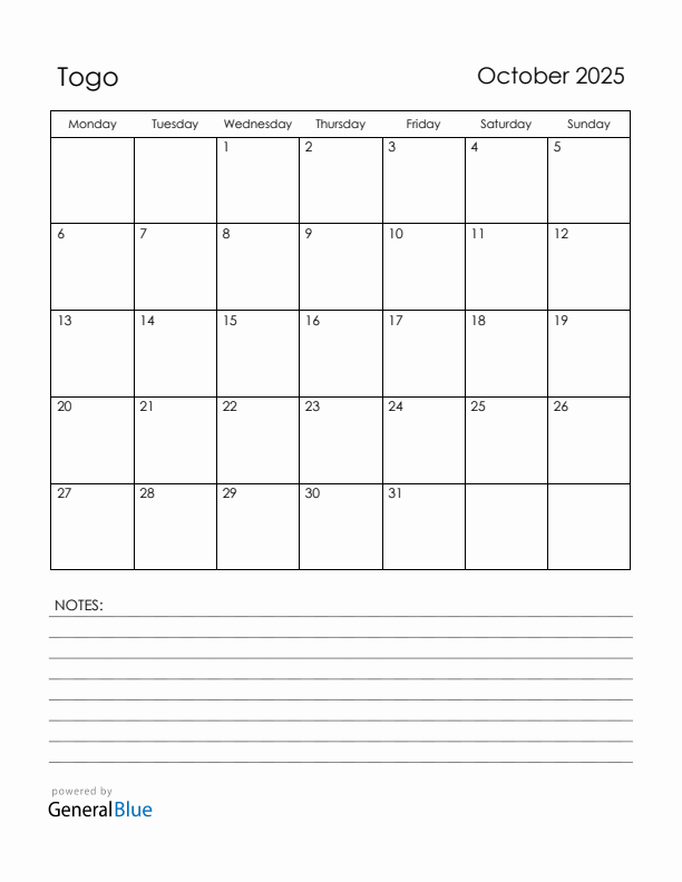 October 2025 Togo Calendar with Holidays (Monday Start)