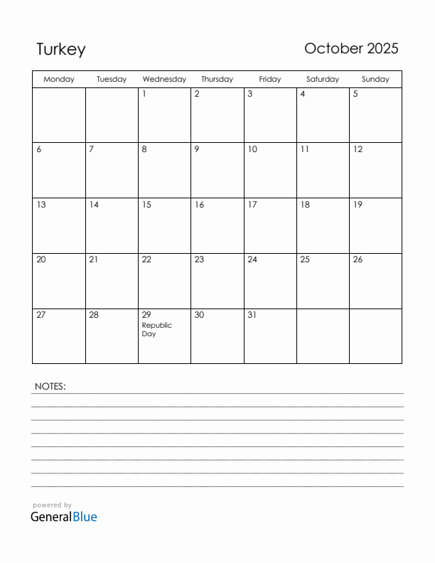 October 2025 Turkey Calendar with Holidays (Monday Start)