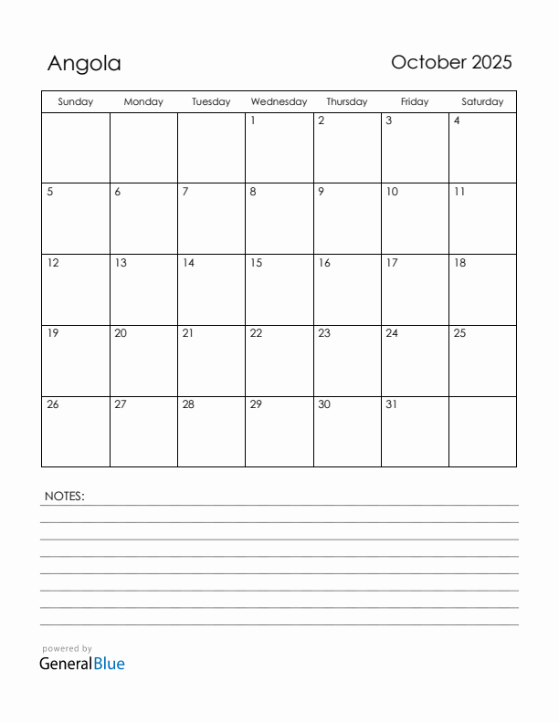 October 2025 Angola Calendar with Holidays (Sunday Start)