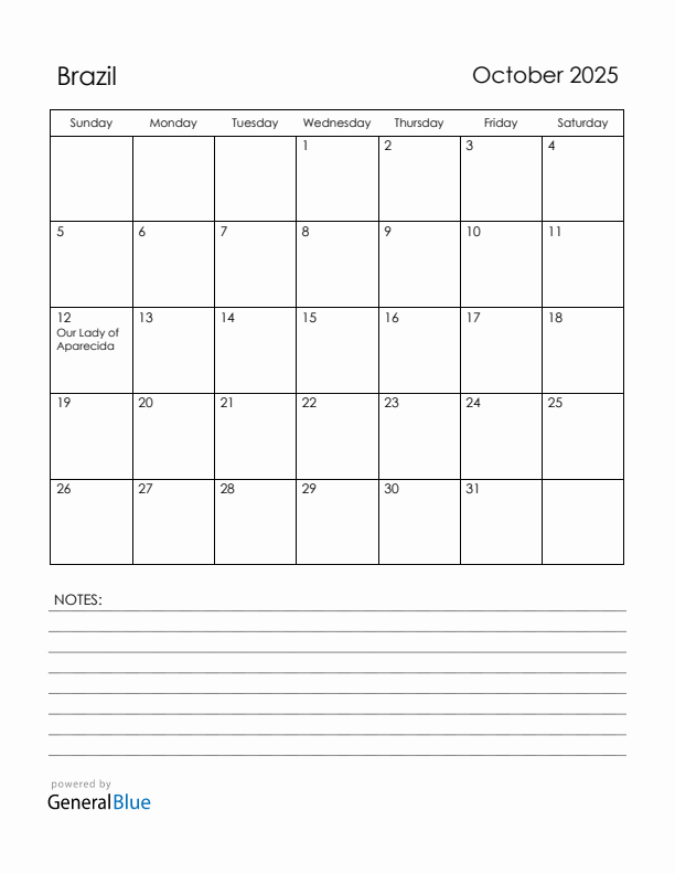 October 2025 Brazil Calendar with Holidays (Sunday Start)