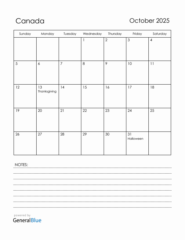 October 2025 Canada Calendar with Holidays (Sunday Start)