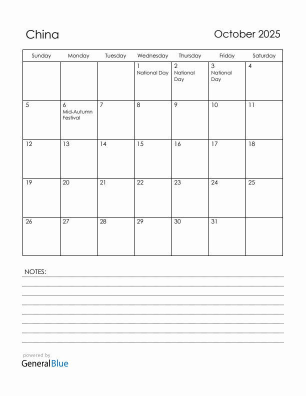 October 2025 China Calendar with Holidays (Sunday Start)