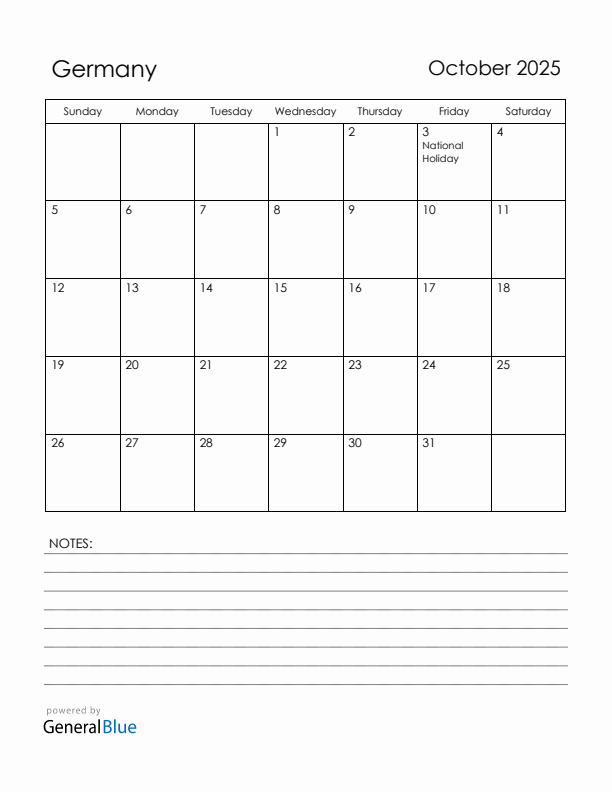 October 2025 Germany Calendar with Holidays (Sunday Start)