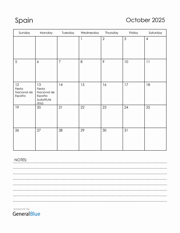October 2025 Spain Calendar with Holidays (Sunday Start)