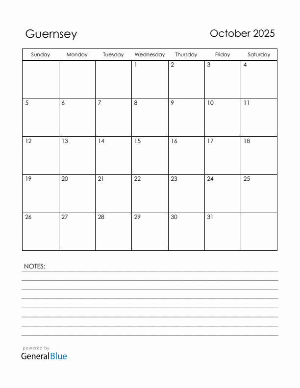 October 2025 Guernsey Calendar with Holidays (Sunday Start)