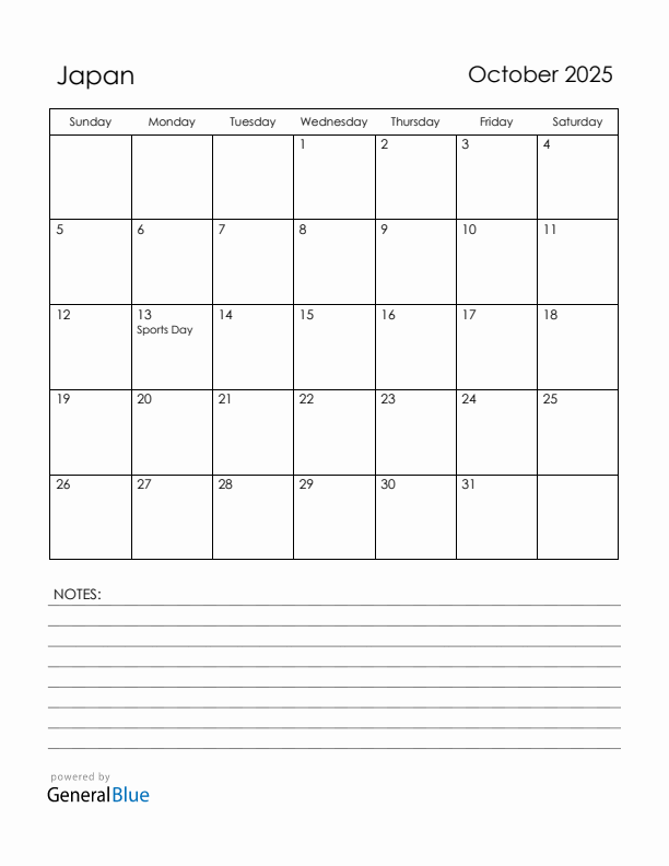 October 2025 Japan Calendar with Holidays (Sunday Start)
