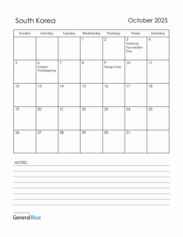 October 2025 South Korea Calendar with Holidays (Sunday Start)