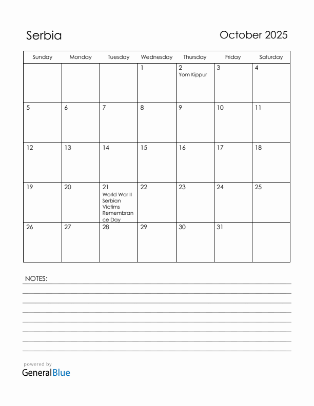 October 2025 Serbia Calendar with Holidays (Sunday Start)