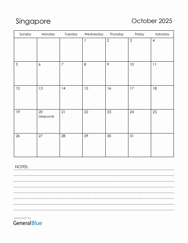 October 2025 Singapore Calendar with Holidays (Sunday Start)
