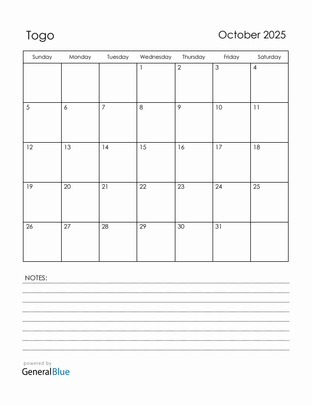 October 2025 Togo Calendar with Holidays (Sunday Start)