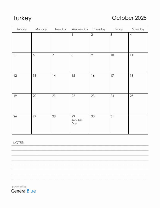 October 2025 Turkey Calendar with Holidays (Sunday Start)