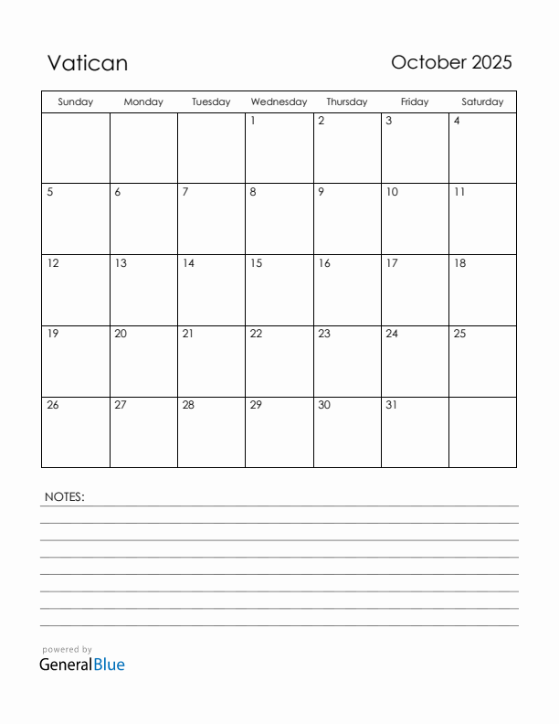 October 2025 Vatican Calendar with Holidays (Sunday Start)